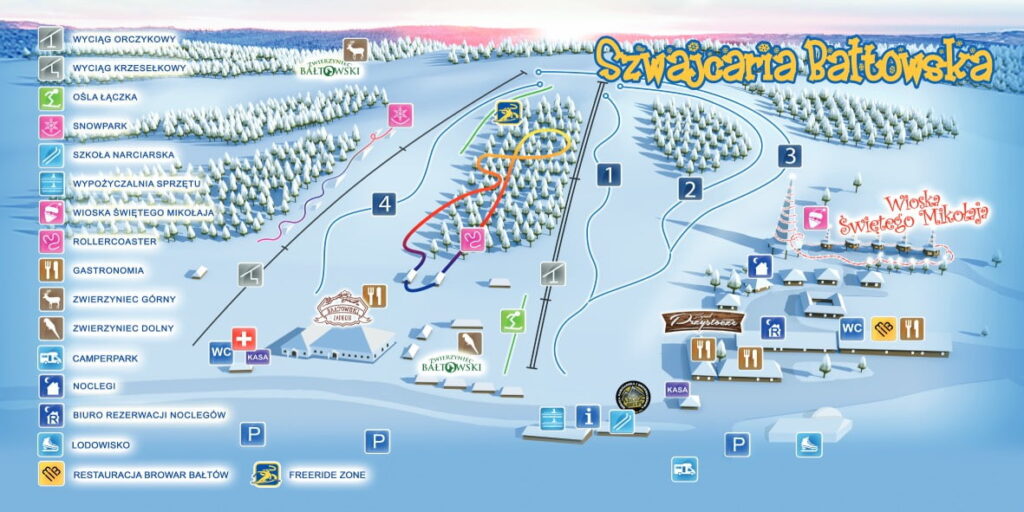 Mapa tras Szwajcarii Bałtowskiej z numerami tras, wyciągami, oślą łączką, snowparkiem, lodowiskiem i Wioską Świętego Mikołaja